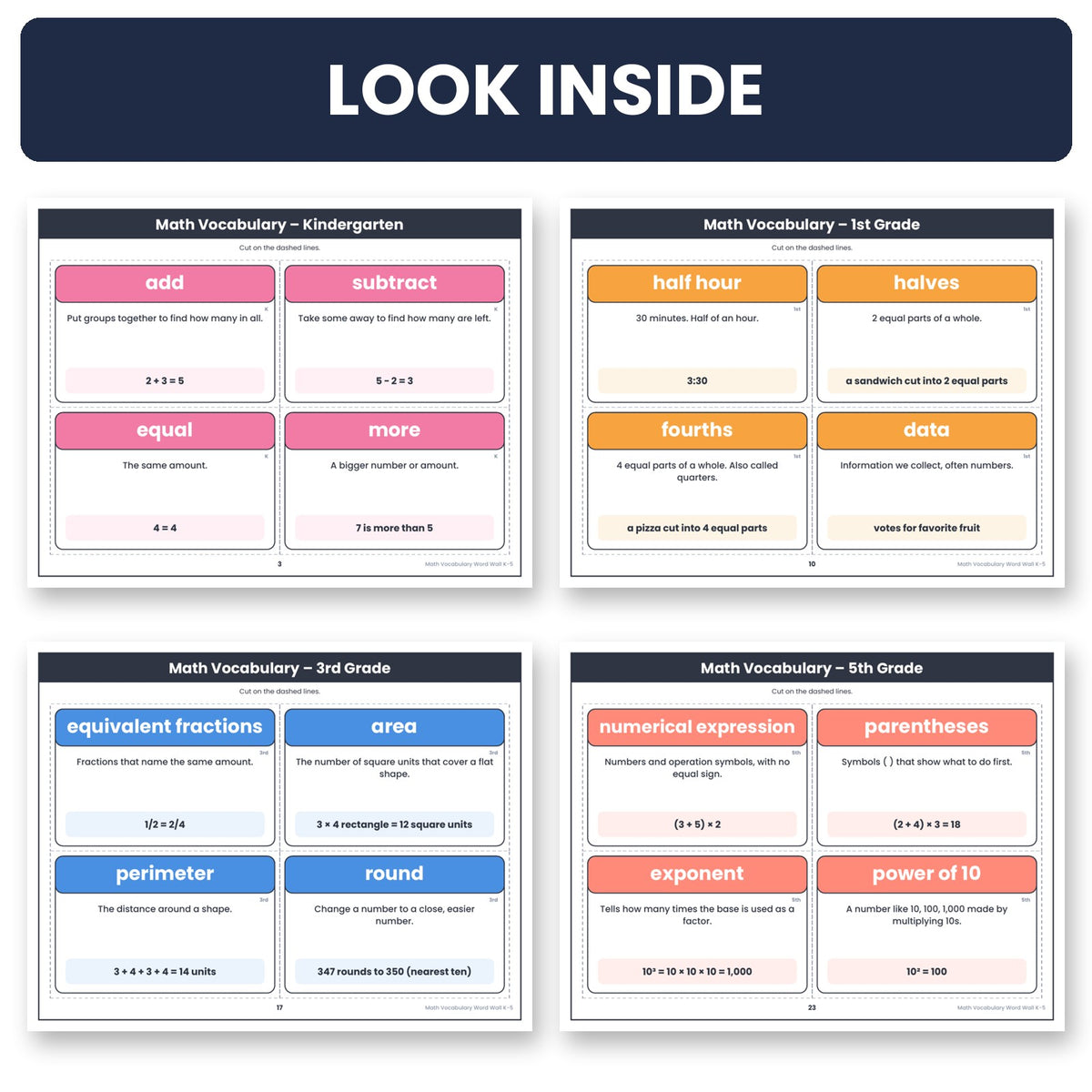 Math vocabulary cards inside